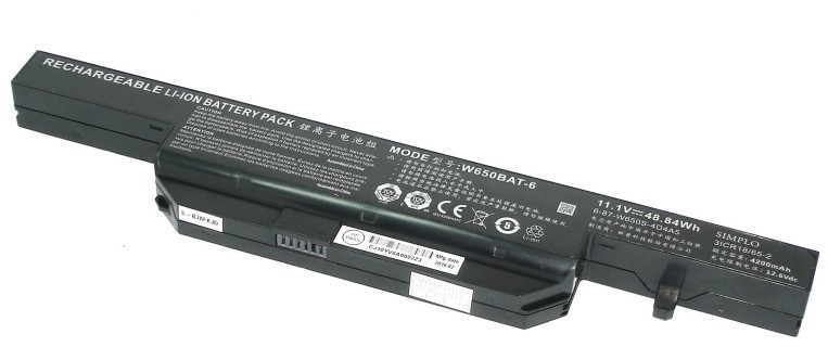 Аккумуляторная батарея для ноутбука DNS Clevo W650 (11.1V 4400mAh) PN: W650BAT-6, черная