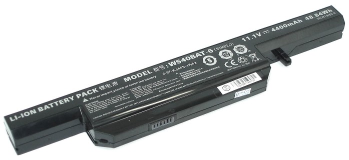 Аккумуляторная батарея для ноутбука DNS Clevo W540 (11.1V 4400mAh) PN: W540BAT-6, черная